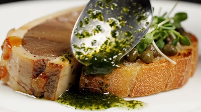 Gourmet Bone Marrow Appetizer with Herb Sauce Pouring over Toasted Bread and Capers, ideal for culinary blogs.
