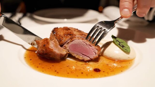 Exquisite Fine Dining: Close-up of Hands Cutting a Perfectly Seared Steak with Rich Sauce and Puree, Perfect for Culinary Content and Restaurant Promotions.