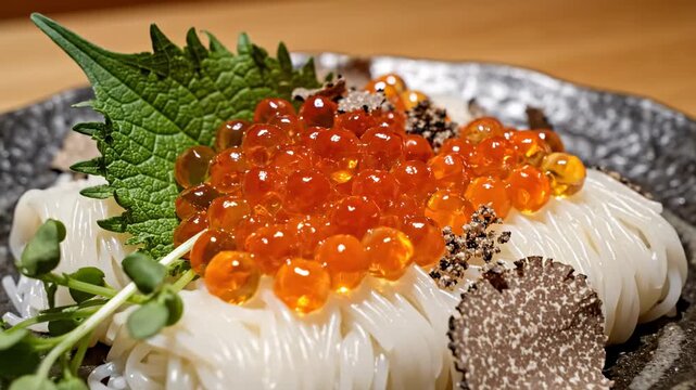 Gourmet Somen Noodles with Salmon Roe and Black Truffle for Luxury Dining.