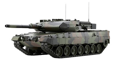 Modern camouflage battle tank with large cannon and tracks © Paula