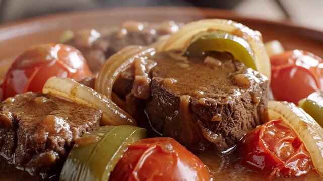 Savory Beef Stew with Tender Meat, Onions, and Roasted Tomatoes ideal for culinary blogs and restaurant menus.