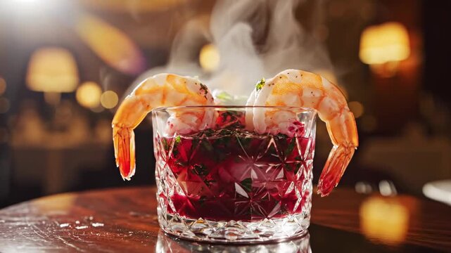 Gourmet Shrimp Cocktail Appetizer with Steaming Fresh Prawns in a Crystal Glass, Ideal for Fine Dining Menus and Luxury Restaurant Promotions.