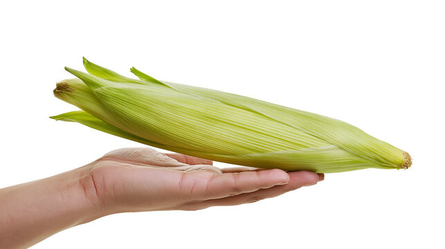 Fresh green corn cob held in hand