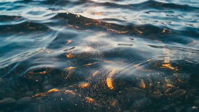 Sunlight reflecting on sparkling water surface with golden glitter 太陽光が反射して金色にキラキラと輝く美しい水面 フルHD