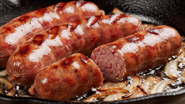 Sizzling Gourmet Sausages Frying with Onions in a Cast-Iron Skillet, Ideal for Food Blogs and Restaurant Menus.
