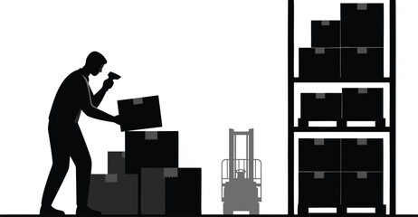 Silhouette of a warehouse worker scanning cardboard boxes with a handheld scanner next to a forklift and storage shelving unit © Sabina