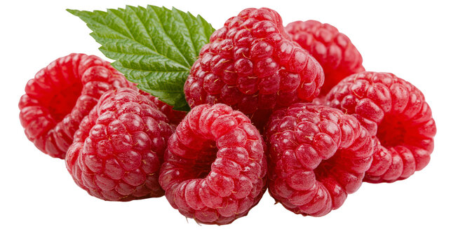Ripe red raspberries with green leaves