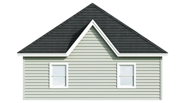 Gable roof house with light green siding and two windows