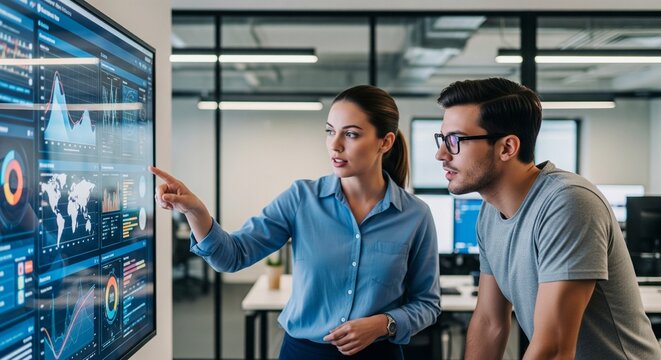 A young woman and a man are looking at a large digital monitor on a wall in a bright office. The screen shows colorful world maps, diagrams, and business statistics