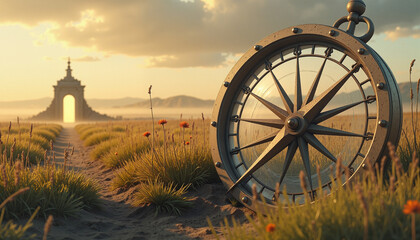 Fototapeta premium compass resting in a grassy field leading towards an archway in the distance, representing exploration and guidance