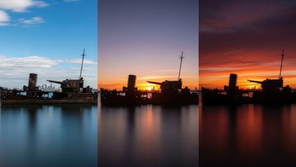 Obraz premium Abandoned Warship Silhouette at Sunset and Daylight with Reflections
