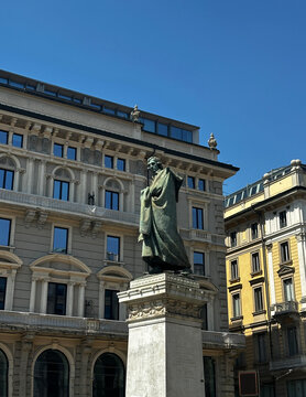 Giuseppe Parini monument and classic European architecture in Milan, Italy