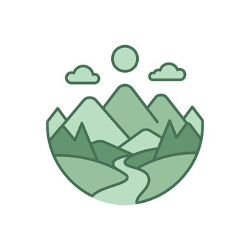 Circular nature landscape with mountains and river.