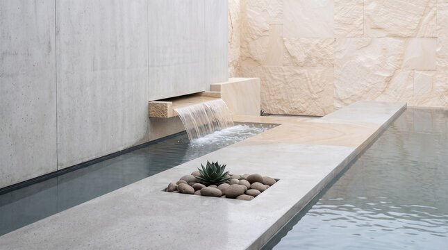 Minimalist concrete outdoor courtyard with a modern waterfall fountain and agave plant