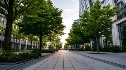 Naklejka premium Tree lined urban walkway flanked by modern glass buildings under soft morning or evening light