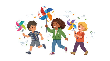 Fototapeta premium Happy Children Running Outdoors with Colorful Pinwheels