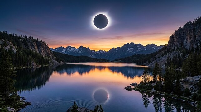 Full moon rising over tranquil mountain lake at dusk with calm reflection