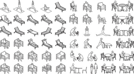 Fototapeta premium Isometric people collection with furniture and leisure activities in black and white line art vector illustration