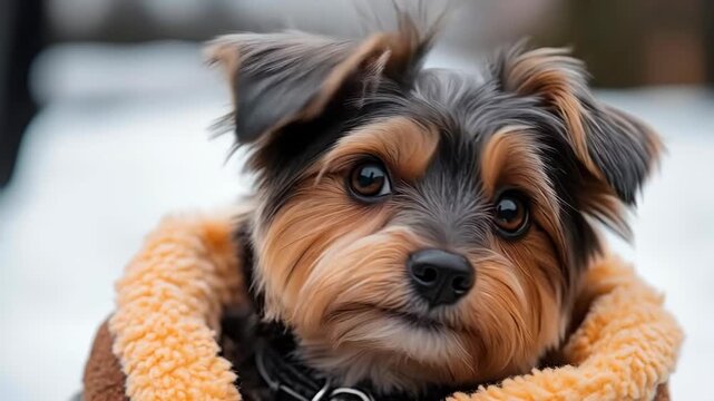 Cute Yorkshire terrier puppy in cozy winter jacket on snow backdrop. Cinematic luffy pet looking at camera, perfect for lifestyle advertising.
