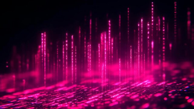 Abstract pink digital rain background with glowing fiber optic data matrix code. High-tech 6G network and cyber security information flow video asset with copy space.