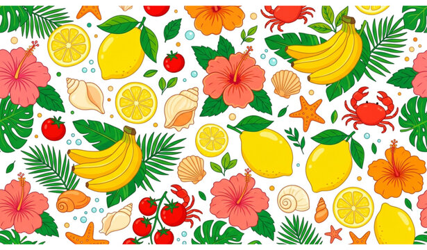 Summer Tropical Bliss Seamless Pattern with Lemon Hibiscus Crab Banana and Beach Elements Vector Design