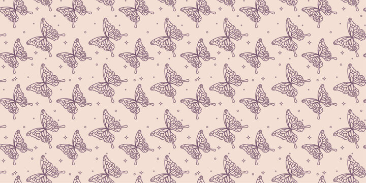 Purple Butterfly Seamless Pattern with Sparkle Elements Minimal Line Art on Beige Background