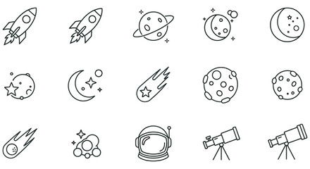 Space Exploration Icons Line Style On White Background astronomy celestial © SHYFUL_STUDIO