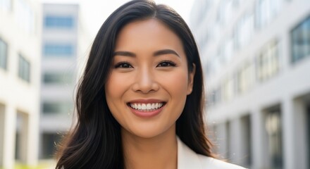 Fototapeta premium Outdoor portrait of a smiling young Asian businesswoman or medical professional in a white jacket with clean white teeth