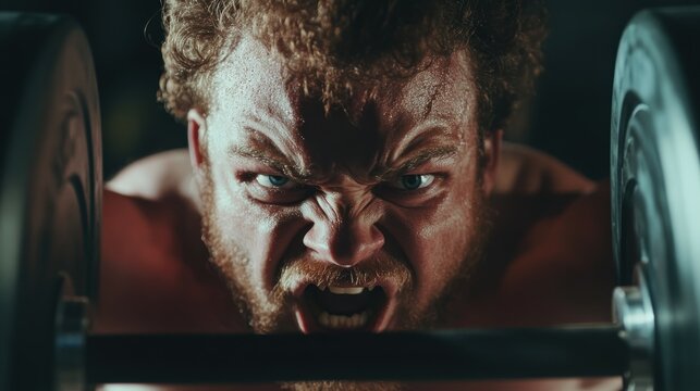 Intense gym workout.  Focused male lifter pushing limits.  Fierce determination in the face of heavy weight