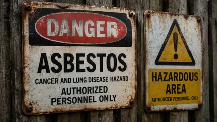 Naklejka premium Close-up of two weathered metal warning signs reading Danger Asbestos and Hazardous Area mounted side by side on an old wooden fence with rusty bolts, underscoring the metal signs