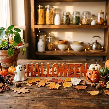 Halloween decorations on a wooden table with pumpkins and leaves