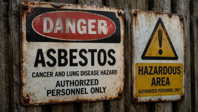 Close-up of two weathered metal warning signs reading Danger Asbestos and Hazardous Area mounted side by side on an old wooden fence with rusty bolts, underscoring the metal signs