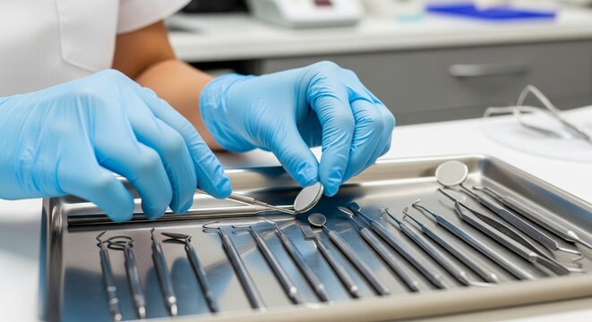 -up view of a dental professional wearing light blue protective gloves arranging professional metal dental diagnostic tools, hooks