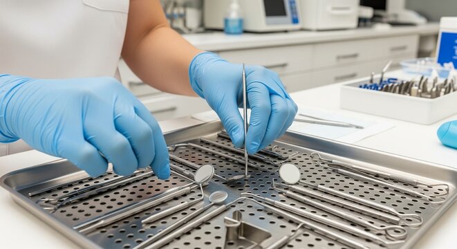 Close-up of a dentist or dental assistant's hands in blue latex medical gloves sorting or picking up stainless steel professional dental tools from a metallic sterilization tray