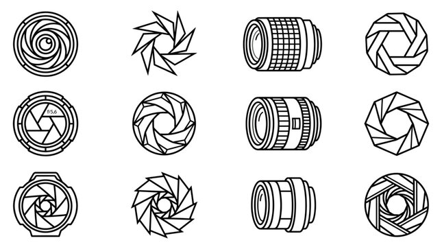 Camera Lens and Aperture Icons: Photography Equipment Set