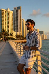 Fototapeta premium Young man stands on pier at sunset near Miami skyline. He wears sunglasses and a striped shirt, looking out at the ocean. Buildings and palm trees are in background. Water reflects golden hour light.