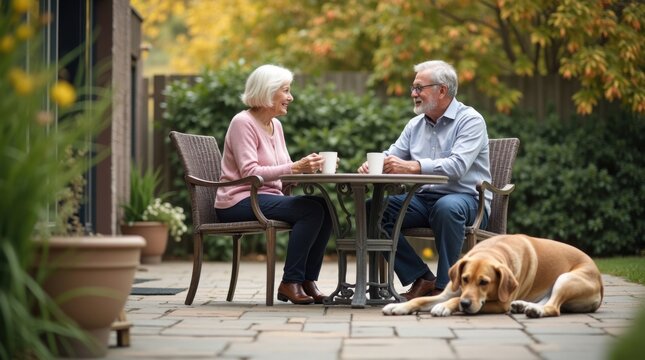 Pareja de ancianos disfrutando de un caf&eacute; en una tarde tranquila en el patio trasero, en un espacio que admite mascotas