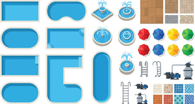 Swimming pool construction kit with various shapes fountains umbrellas ladders and tile textures in flat vector style
