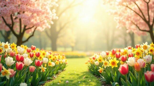 Jard&iacute;n primaveral rebosante de tulipanes, narcisos y cerezos en flor