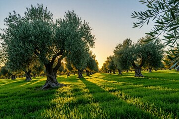 Obraz premium Row of ancient olive trees in green field. Sunlight shines on grass and twisted trunks. Warm golden hour light illuminates grove. Blue sky at dawn or dusk.