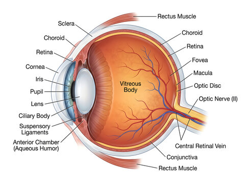 Human eye anatomy diagram with labeled parts