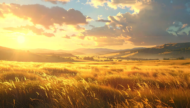 Golden wheat field under sunset with cloudy sky and sun rays shining through
