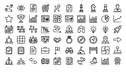 Fototapeta premium Business Strategy and Strategic Planning Thin Line Icon Set with Roadmap Vision Goal Management and Success Symbols