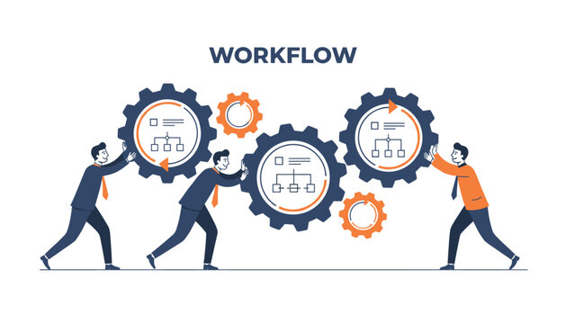 Team of professionals working together to manage interconnected cogwheels that symbolize efficient workflow and systematic project management.