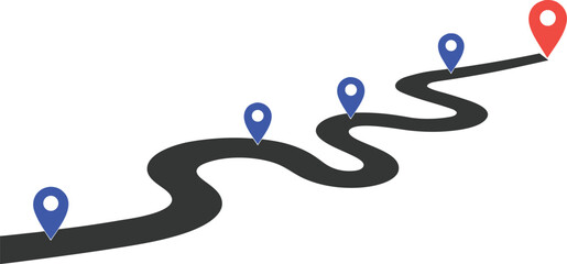 Winding road roadmap with blue and red pin location markers. © Sadhin