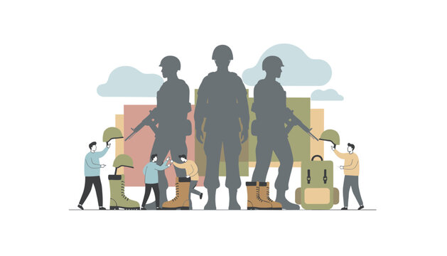 Silhouettes of soldiers standing behind civilians who are holding military boots and helmets and a backpack to show support for the army.