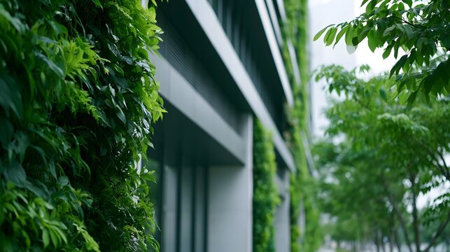 Modern building facade covered in lush green vertical garden plants with trees and soft natural lighting