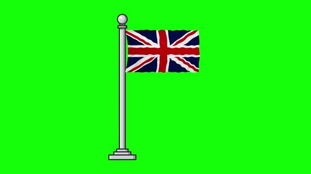 United Kingdom National Flag on Flagpole Waving, Seamless Loop Animated Video with Greenscreen 4K Video