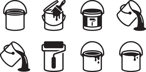 Eight black paint bucket icons showing different usage steps Vector © Alex