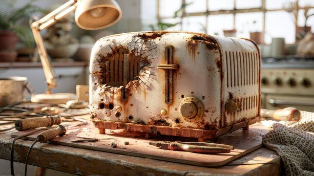 Rusted toaster sits on cluttered workbench